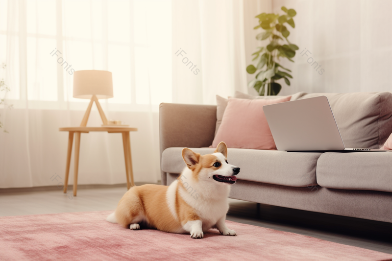 温馨室内家居电脑前的乖巧柯基犬,高清,摄影图,摄影图片,图片大全,摄影图免费下载